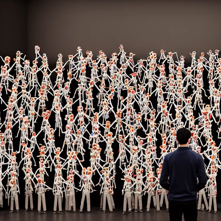 Image similar to focused dslr medium shot photograph of nathan fielder standing in front of hundreds of nathan fielder puppets on strings from nathan for you on comedy central filmed by a tv crew on a stage with a red curtain, meta, fractal, trippy, high detail!!! 8 k!!!!, photorealism!!!, sharp focus!!! coherent!!!