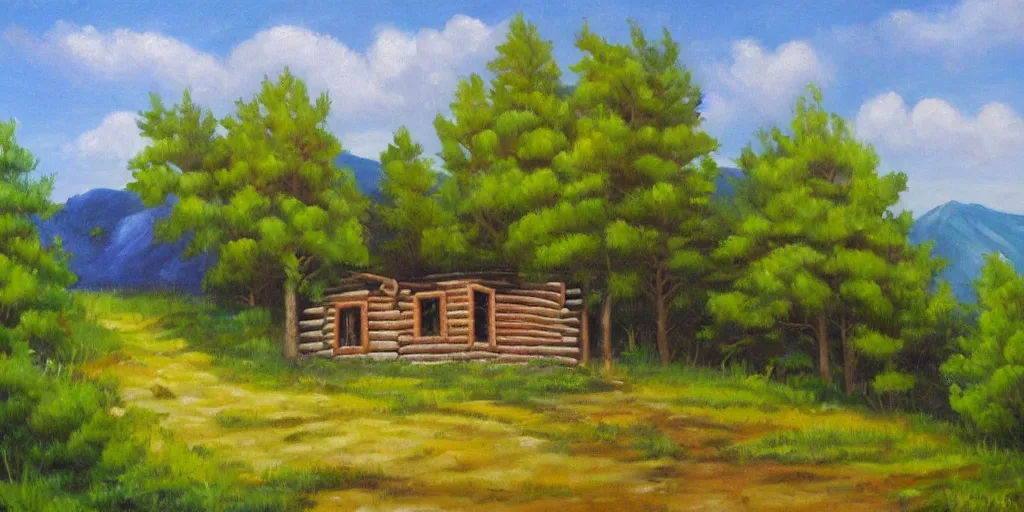 Image similar to a log cabin on a windy hillside, style of bob ross, oil painting,