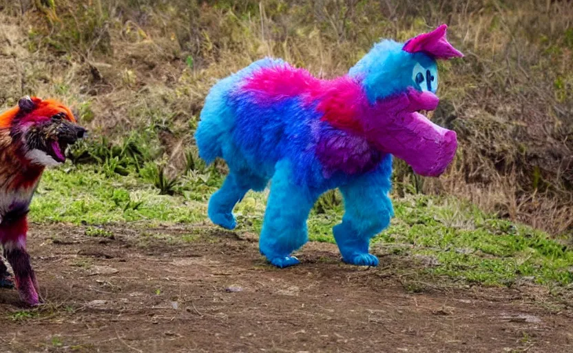 Prompt: photo of a person in a colorful fursuit stalking its prey, award winning photo, national geographic photo