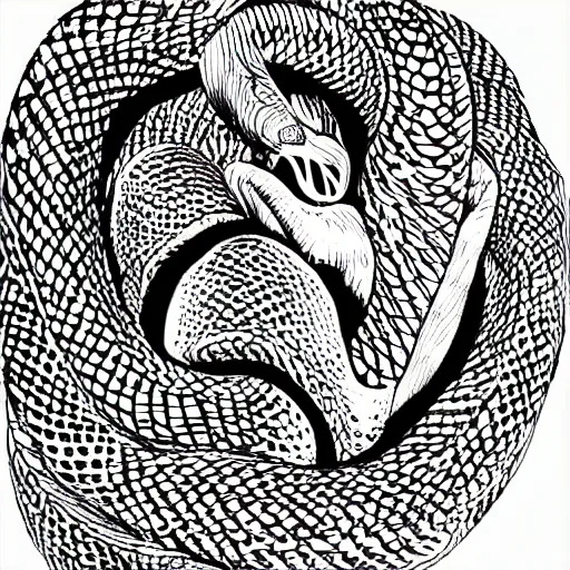 Image similar to block print, snake, detailed 4k illustration, black ink on white paper