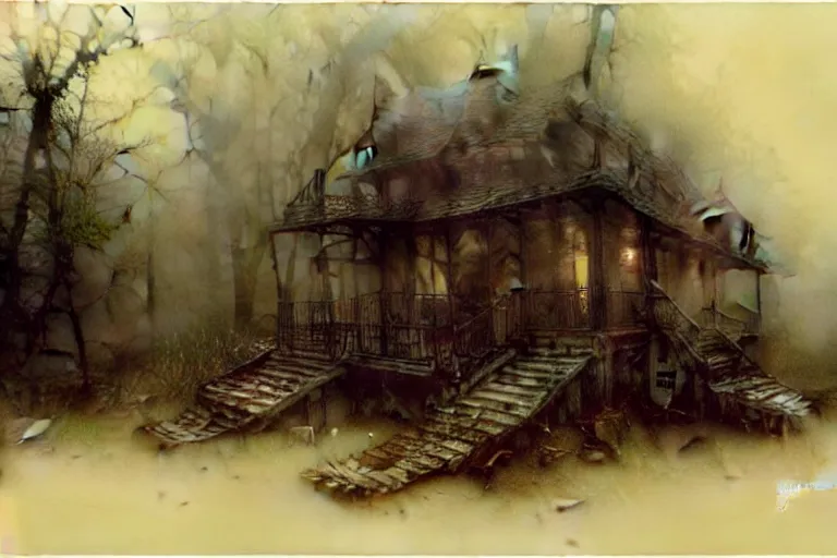 Image similar to (((((a ramshackle manhattan brownstone deep in the forest, creepy, foggy, rainy))))) by Jean-Baptiste Monge!!!!!!!!!!!!!!!!!!!!!!!!!!!