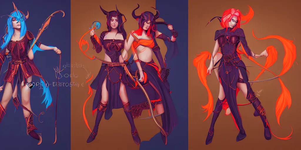 Prompt: triptych of youthful female feminine horned tiefling female bard with long bob cut blue hairstyle, her skin is tangerine, she has immaculate skin and pure black eyes and is wearing colorful leather armor by rossdraws,