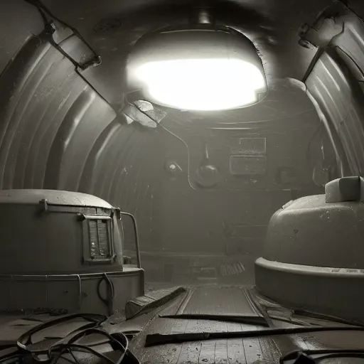 Image similar to Concept art, inside an narrow room of an empty ussr submarine, messy, foggy and dark, littles light shafts coming from little holes, photorealism, 8k, cinematic, high details, neat
