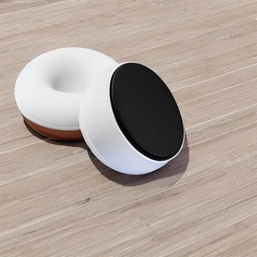 Image similar to a round Donut shaped Bluetooth speaker design, studio photography, soft light archviz