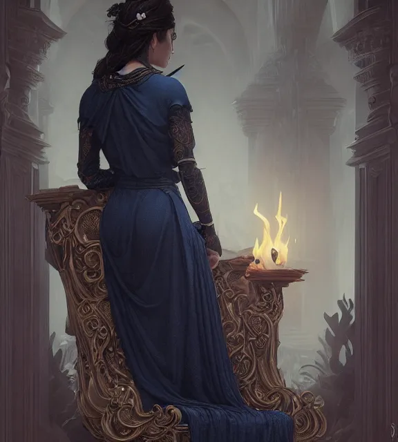 Image similar to god of death, in the underworld, elegant dark blue dress, very detailed, throne, very intricate details, jewelry, delicate tattoos, elaborate long hairstyle, cinematic, artstation, william bouguereau, greg rutkowski, rossdraws, octane render