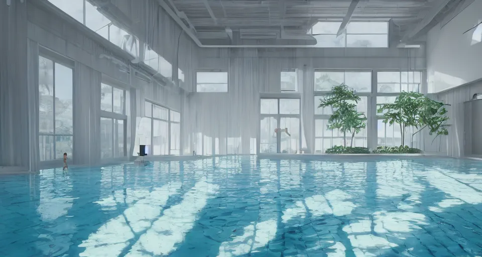 Prompt: A clean white modern interior of an indoor pool with large windows, rendered by Beeple, Makoto Shinkai, syd meade, simon stålenhag, environment concept, synthwave style, digital art, unreal engine, WLOP, trending on artstation, low level, 4K UHD image, octane render,