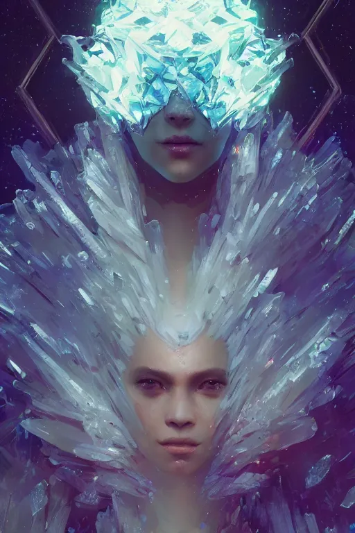 Image similar to A fancy portrait of a crystalized creature by Greg Rutkowski, beeple, Sung Choi, Mitchell Mohrhauser, Maciej Kuciara, Johnson Ting, Maxim Verehin, Peter Konig, final fantasy, 8k photorealistic, cinematic lighting, HD, high details, dramatic, dark atmosphere, trending on artstation