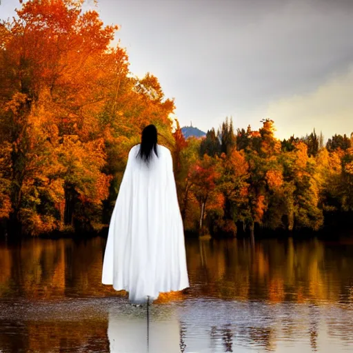 Image similar to a ghostly woman in a white dress rising from a misty lake dripping wet, high resolution photograph, autumn, sunrise, eerie light