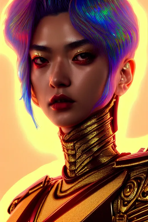 Image similar to hyperdetailed portrait of a stunningly beautiful movie 3 0 years old star androgynous guard made of iridescent metals, shiny gems, inspired by ross tran and wlop and masamune shirow and kuvshinov, concept art, intricate, photorealistic, octane render, rtx, hdr, unreal engine, dnd digital art by artgerm