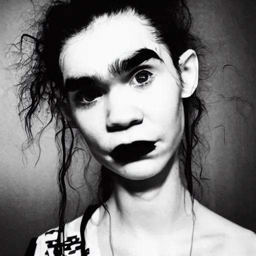 Prompt: A photo of Grimes, taken from her Instagram account, with the caption art is the weapon, in a black and white filter, with a dark and gritty vibe.