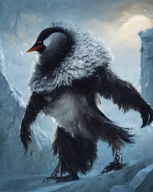 Prompt: oil painting of Angry Anthropomorphized Penguin Berserker, wearing fur armor, claws, sharp focus, attack pose, fantasy style, octane render, volumetric lighting, 8k high definition, by greg rutkowski, highly detailed, trending on art Station, magic the gathering artwork, burning Battlefield background, centered