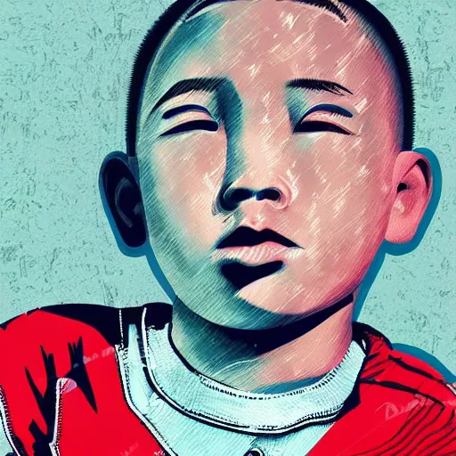 Image similar to dramatic portrait of chinese boy buzz cut, vector art