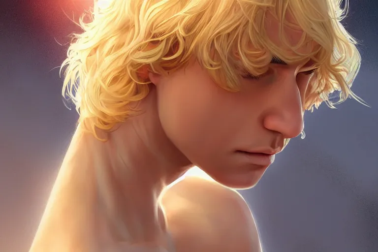 Image similar to Portrait of a Delicate blond male Angel Lucius bathing in the sun, 4k digital illustration by Artgerm, wlop, James Jean, Andrei Riabovitchev, Marc Simonetti, yoshitaka Amano, Artstation, CGsociety