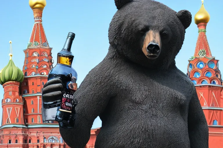 Image similar to a gigantic statue of bear holding a bottle of vodka in the middle of the red square, symmetry, awesome exposition, very detailed, highly accurate, 8 k, professional lighting diffracted lightrays, sense of awe