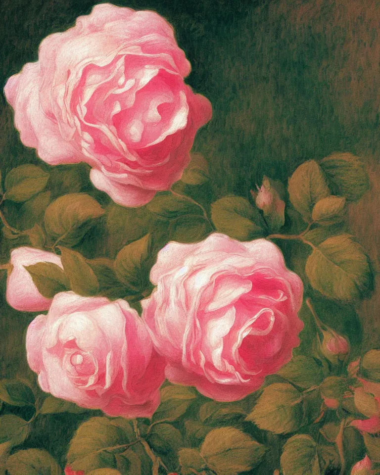 Image similar to achingly beautiful extreme close up painting of blooming pink rose by rene magritte, monet, and turner. piranesi. macro lens, symmetry, circular.