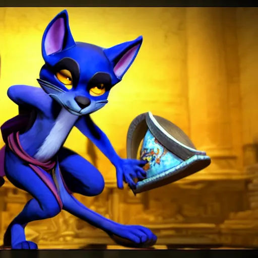 Prompt: sly cooper stealing an ancient chinese artifact from a museum 3d render high quality 4k