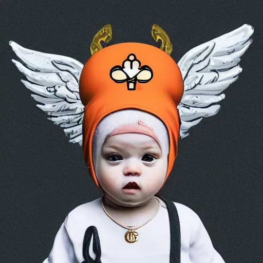 Image similar to baby Angel, baby cherub,wearing angel, face covered, Gucci, x logo, halo, ski mask, balaclava, face covered, wearing angel halo covered face, orange hoodie, hip hop, multiple golden necklaces, Nike, fantasy art apex fortnite Video game icon, 2d game art gta5 cover , official fanart behance hd artstation by Jesper Ejsing, by RHADS, Makoto Shinkai and Lois van baarle, ilya kuvshinov, rossdraws