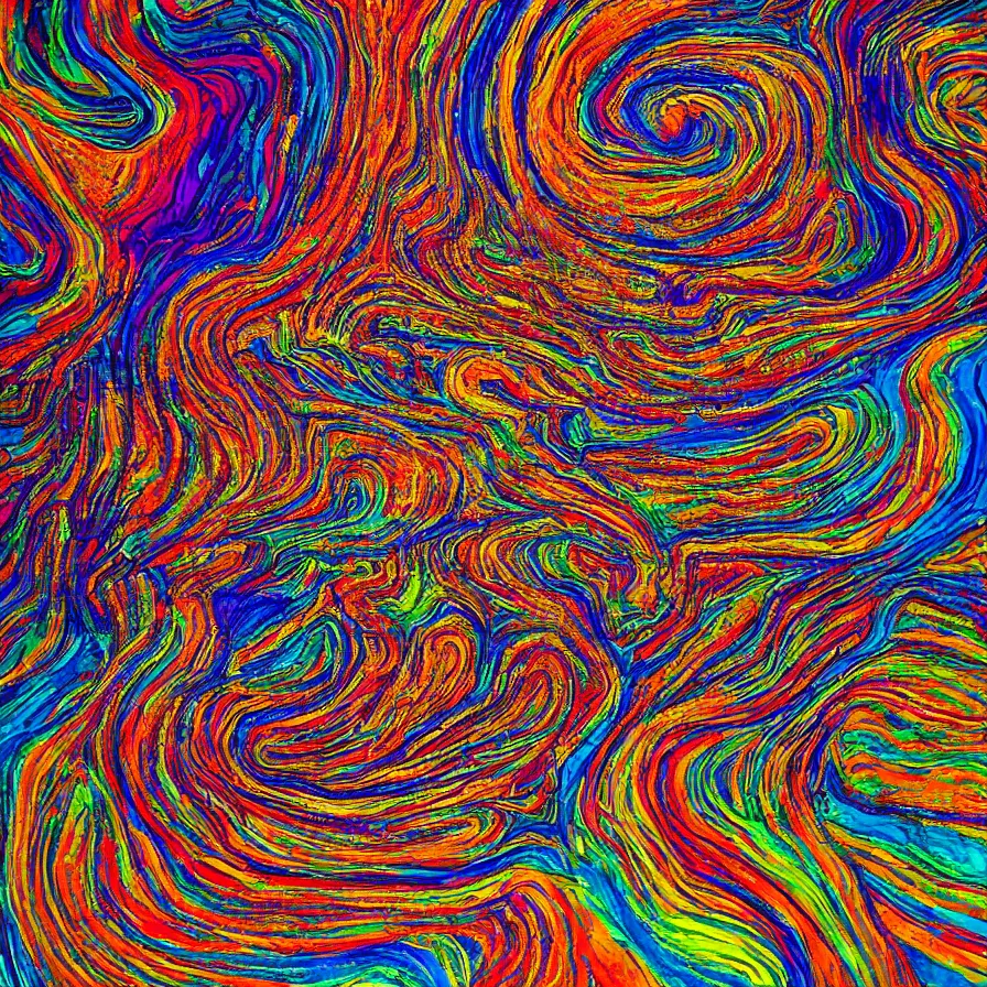 Image similar to trippy psychedelic artwork about a road going down a beautiful valley