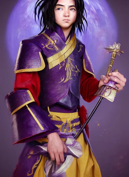 Image similar to An epic fantasy portrait painting of teenager boy with straight indigo hair, purple eyes with red eye markers, slim body, wearing a detailed Japanese kimono with golden armor pieces, holding japanese fan. Unreal 5, 8k, DAZ, hyperrealistic, octane render, studio Ufotable, Demon Slayer artstyle, cosplay, RPG portrait, dynamic lighting