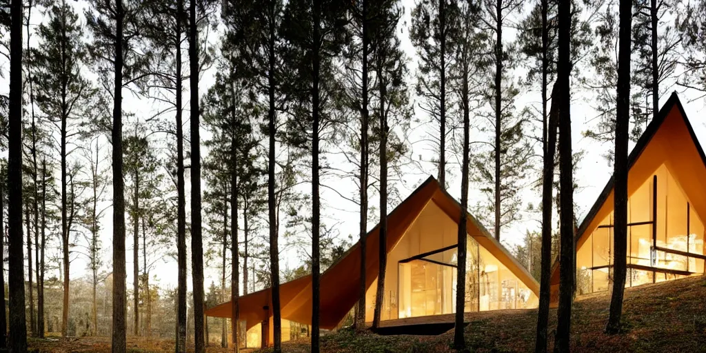 Image similar to minimal modernist a - frame house in the woods, beautiful lighting, volumetric, cinematic lighting, corona, detailed, symmetrical, minimal, clean