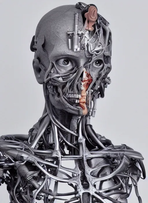 Prompt: a bust sculpture of anatomical female detailed cyborg, become human, ceramic base, orthographic, studio lighting
