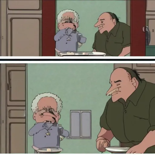 Image similar to Tony Soprano eating gabagool out of the fridge, style: (hayao miyazaki, studio ghibli)