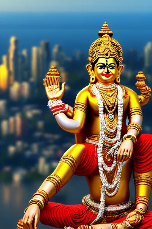 Image similar to high quality 3 d render ultra realistic mischievous hindu god lord krishna sitting, gold madhubani, highly detailed, stunning!! mumbai in the background, unreal engine cinematic smooth, szukalski, moody light, low angle, uhd 8 k, sharp focus