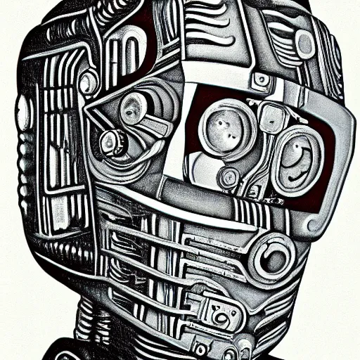 Prompt: portrait of cyberman, mash - up between mc escher and vincent van gogh