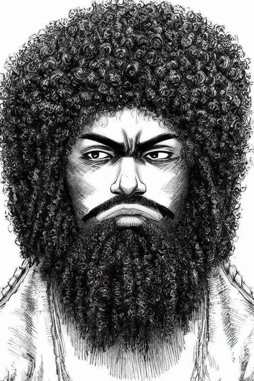 Image similar to black man with afro hair and raspy beard stubble as a knight, highly detailed, anatomically correct, black and white, manga, art by kentaro miura