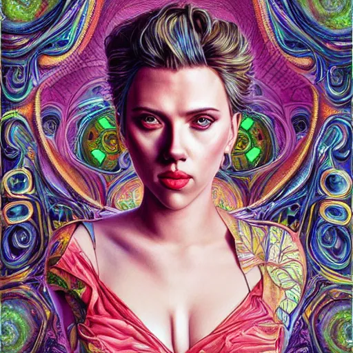 Image similar to portrait of scarlett johansson, hyper detailed masterpiece, neon floral pattern, jean giraud, digital art painting, darkwave goth aesthetic, psychedelic, artgerm, donato giancola and tom bagshaw