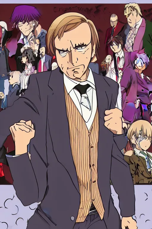 Image similar to Saul Goodman as a hardcore anime character, in the style of Jojo's Bizarre Adventure