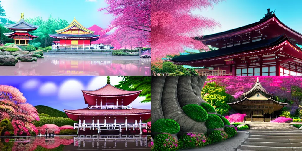 Prompt: Hyperdetailed masterpiece concept art, a wide shot of a pink Japanese garden with a temple in the middle, 4k Detailed Matte Illustration trending on ArtStation