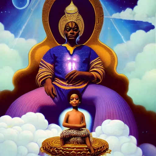 Prompt: obatala the cosmic god sitting on a throne of nebula clouds, by Afarin Sajedi and thomas blackshear, matte painting, orisha, 8k, hd