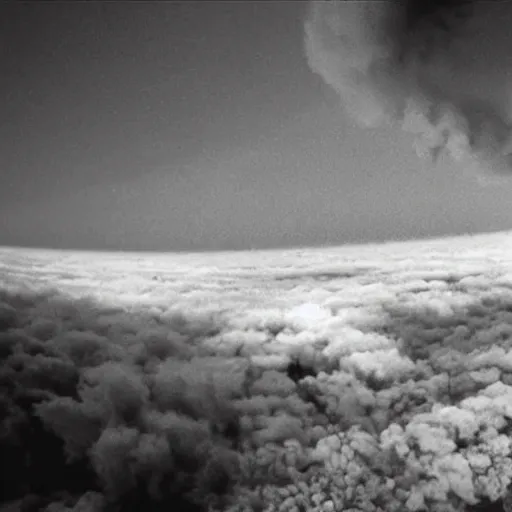 Image similar to combat drone strike war footage, ir, infrared camera, very high contrast, nuclear cloud, high angle vertical, dirty, grainy, noisy, bad drone camera, airwaves, static,