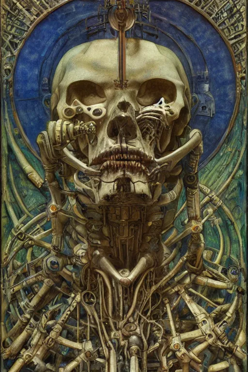 Image similar to the robot in his bone crown, by Annie Swynnerton and Diego Rivera and Elihu Vedder, symbolist, dramatic lighting, elaborate geometric ornament, Art Brut, soft blues and greens,smooth, sharp focus, extremely detailed, Adolf Wölfli, octane render