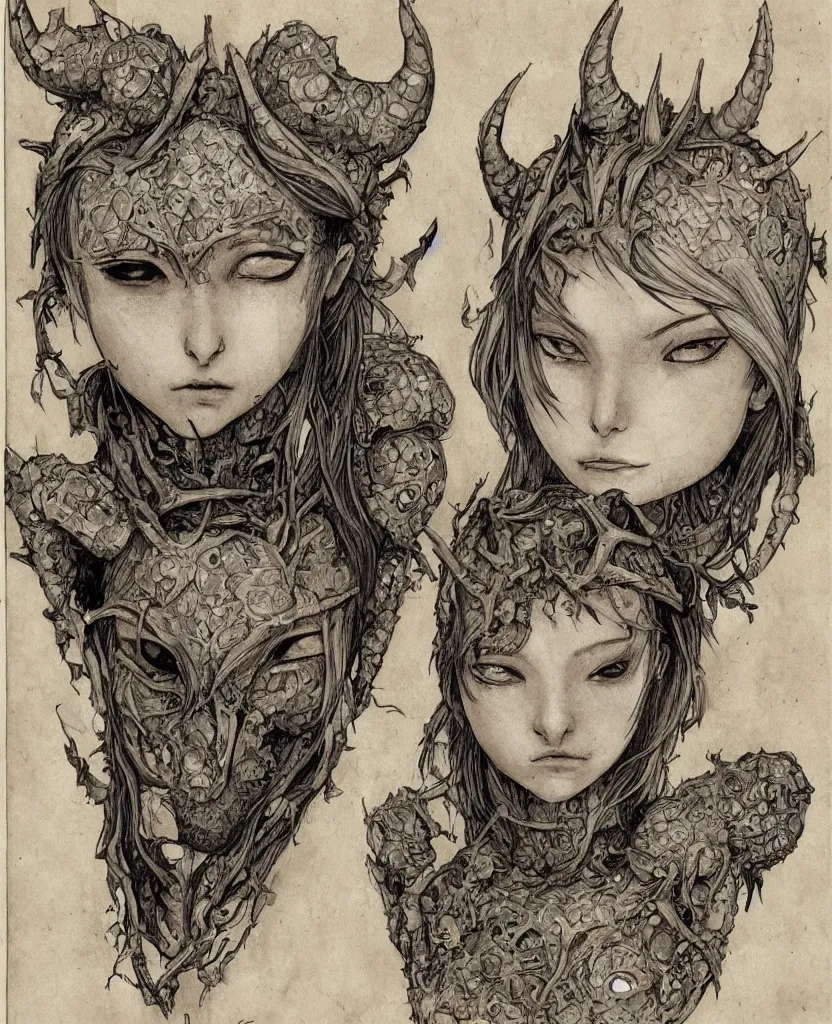 Prompt: fantasy, symmetrical beautiful human face, front view, female humanoid creature, plant armour, wide intricate horned insect head piece covering forehead, button nose, full lips, muscular, large cute anime eyes, stylised, torso and head, bust, diagram, greys anatomy book, on old distressed parchment paper, watercolour, by brian froud and boichi