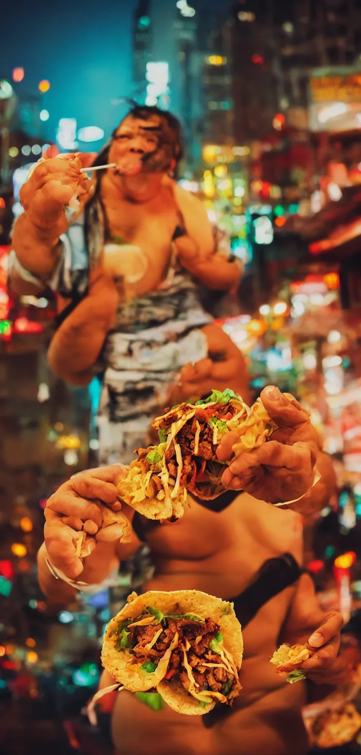 Image similar to sumo wrestler eating crispy tacos with hot sauce, photo realism, bokeh background, neon lights, city background, high definition, slr