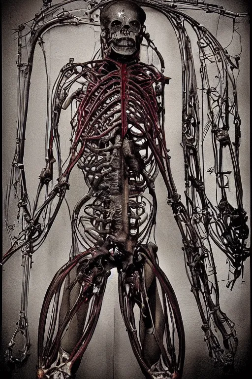 Image similar to inside a museum, a room where anatomical torso body parts are piece of arts by Rob Bottin at night biomechanical, filth and grim, wires and strings, very detailed, ultra realistic photography, grainy image