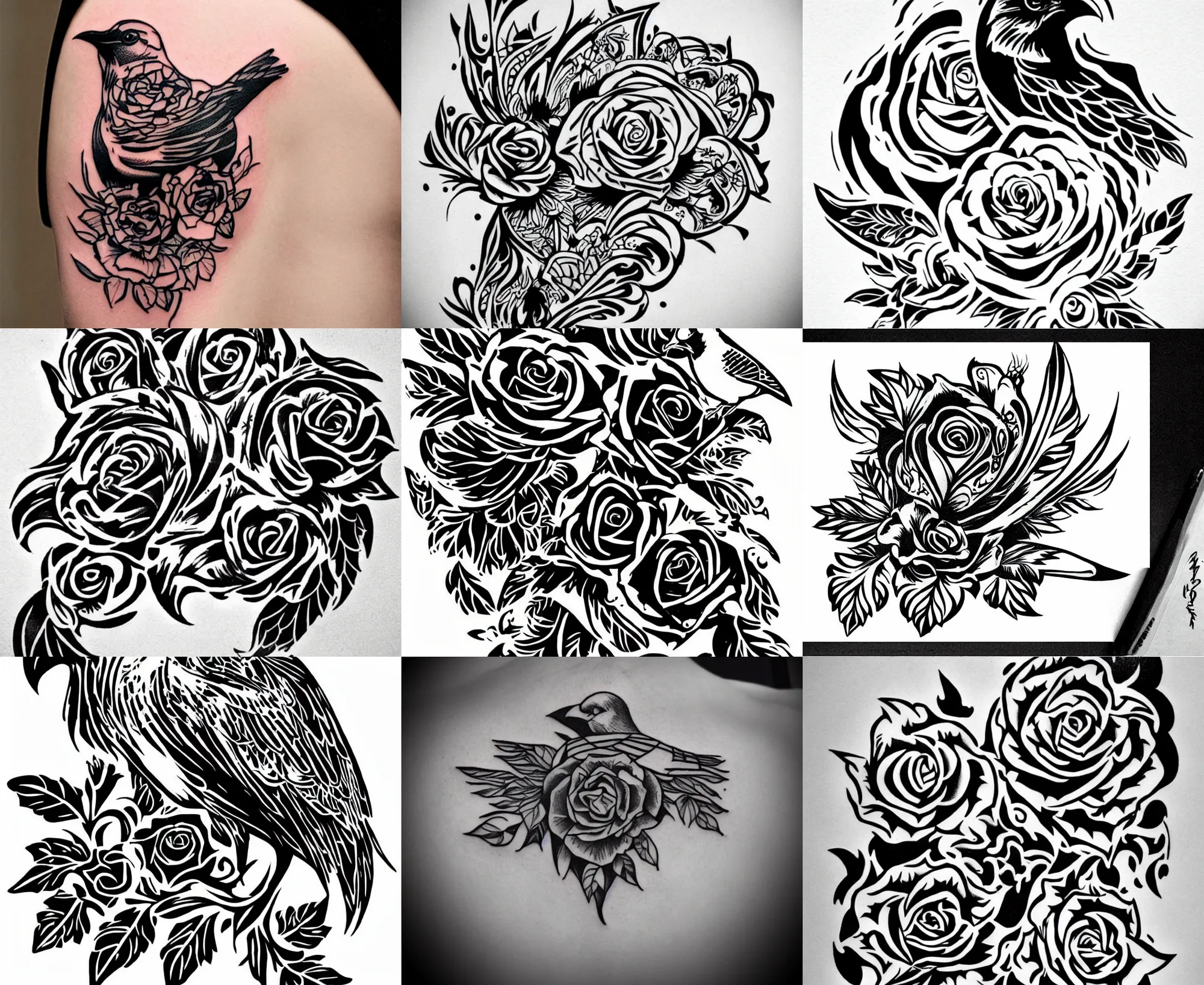 Image similar to tattoo stencil stylized crow rose raven, bold strong lines very highly aesthetic