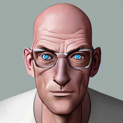 Image similar to A middle-aged Dr. Venture in real life with a hooked nose, a long gaunt face and skinny body and neck, very thin and bald, realistic, very realistic, hyperrealistic, highly detailed, very detailed, extremely detailed, detailed, digital art, oil painting, trending on artstation, headshot and bodyshot, detailed face, very detailed face, extremely detailed face, HD Quality, 8k resolution, very very detailed face, real life