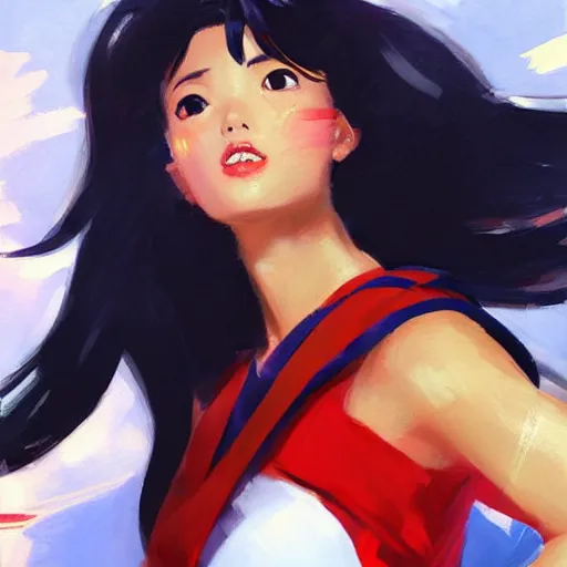 Image similar to greg manchess portrait painting of sailor mars as overwatch character, medium shot, asymmetrical, profile picture, organic painting, sunny day, matte painting, bold shapes, hard edges, street art, trending on artstation, by huang guangjian and gil elvgren and sachin teng