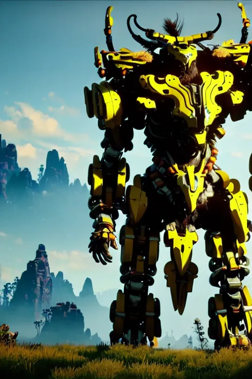 Prompt: a cinematic still from horizon zero dawn, skinny full body yellow humanoid, full body yellow bumblebee mech, decepticon armor plating, octane render, nvidia raytracing demo, masterpiece, aged armor plating, aggressive head,