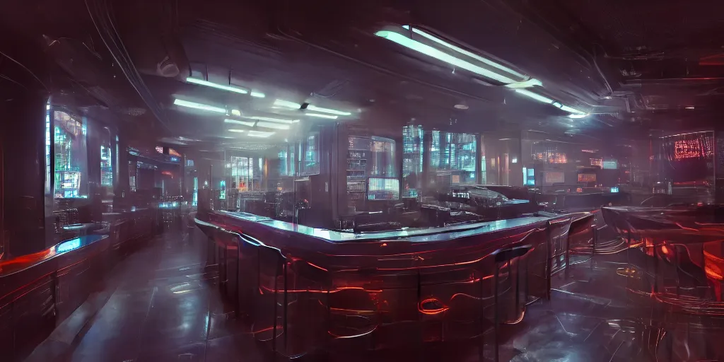 Prompt: ultra detailed photorealistic cyberpunk interior, cinematic light, sci fi, glossy, cybernetic, bar, posters, futuristic decor, trending on artstation, ultra realistic illustration, matte painting, volumetric light, octane render, 4 k, hd, high quality