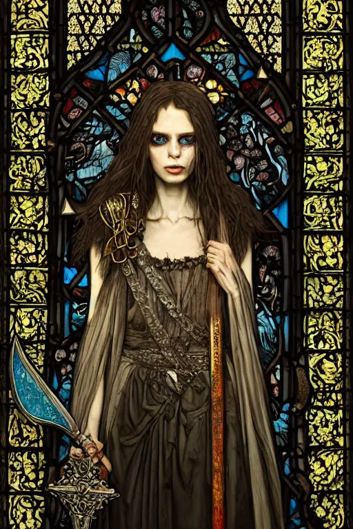 Prompt: breathtaking detailed soft painting of a grim reaper in gauze dress with a scimitar blade, with long hair and piercing eyes, in an intricate medieval stained glass, rembrandt style, elegant, highly detailed, artstation, concept art, matte, sharp focus, art by tom bagshaw, luis royo and greg rutkowski
