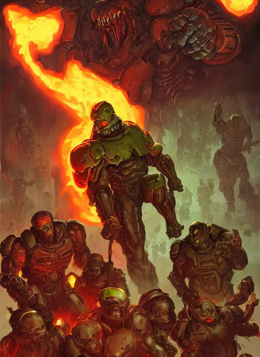 Image similar to ( doom ) cover featuring doom guy!! doom marine!! surrounded by demons, by kenneth scott, artstation, vivid gaze