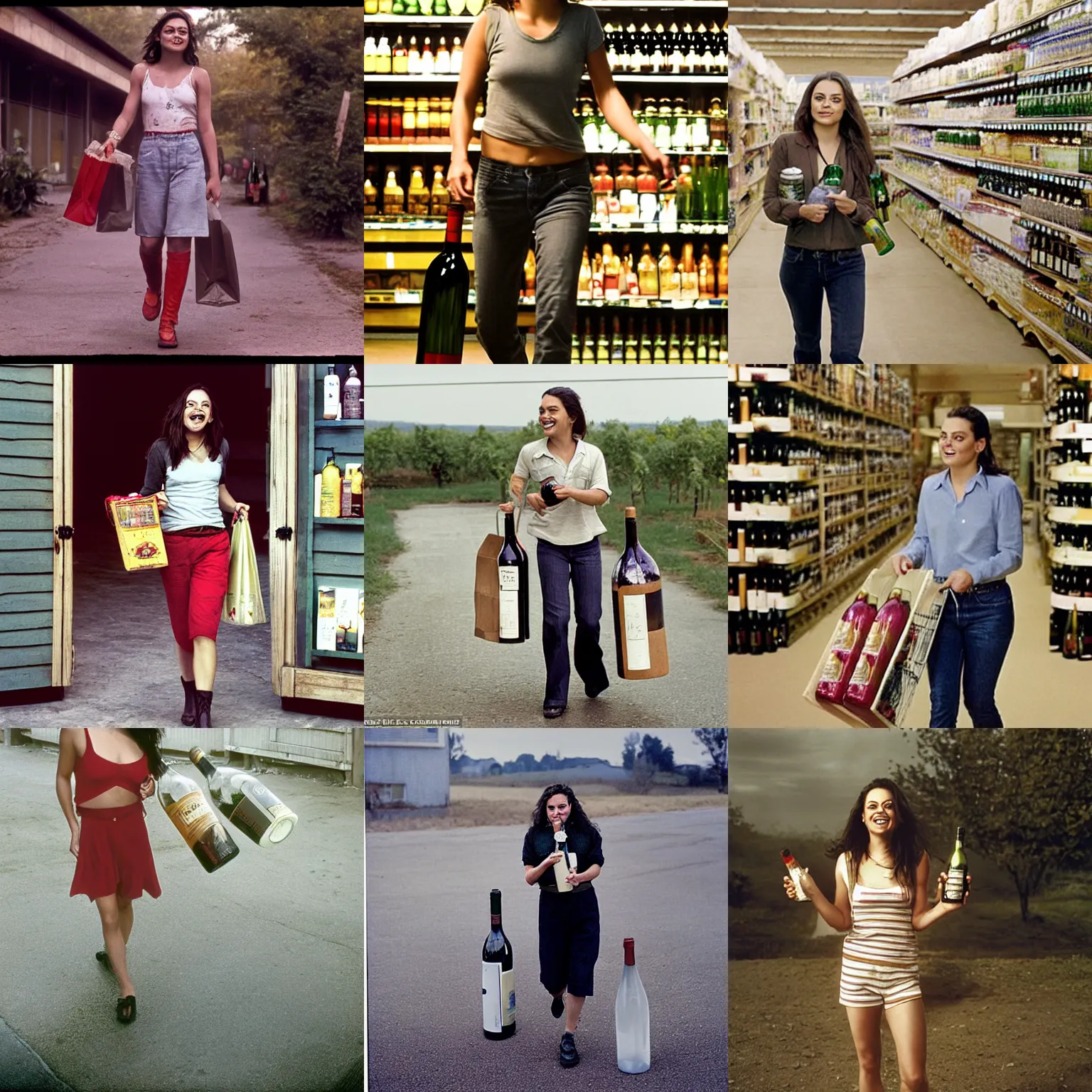 Prompt: portrait of laughing Mila Kunis walking out of the grocery store holding bottles of wine, Gregory Crewdson, Joel Sternfeld