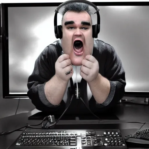 Image similar to obese Morrissey wearing a headset yelling at his monitor while playing WoW highly detailed wide angle lens 10:9 aspect ration award winning photography erasure head