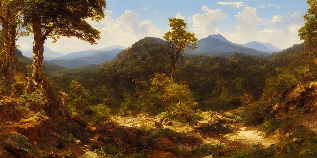 Prompt: a beautiful landscape painting of a rocky valley with patches of woodland, by frederic edwin church, oil on canvas, highly detailed, hd, 4 k