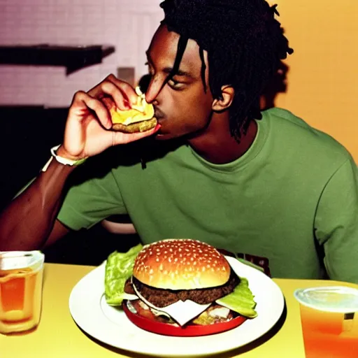 Prompt: a realistic photo of playboi carti eating a burger, film grain, vintage photo, high contrast