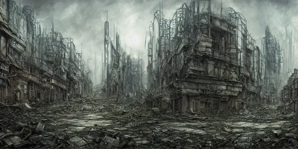 Image similar to masterpiece drawing of a post - apocalyptic overgrown city, by alan lee, concept art, insanely detailed, cinematic lighting, sharp focus, illustration, artstation